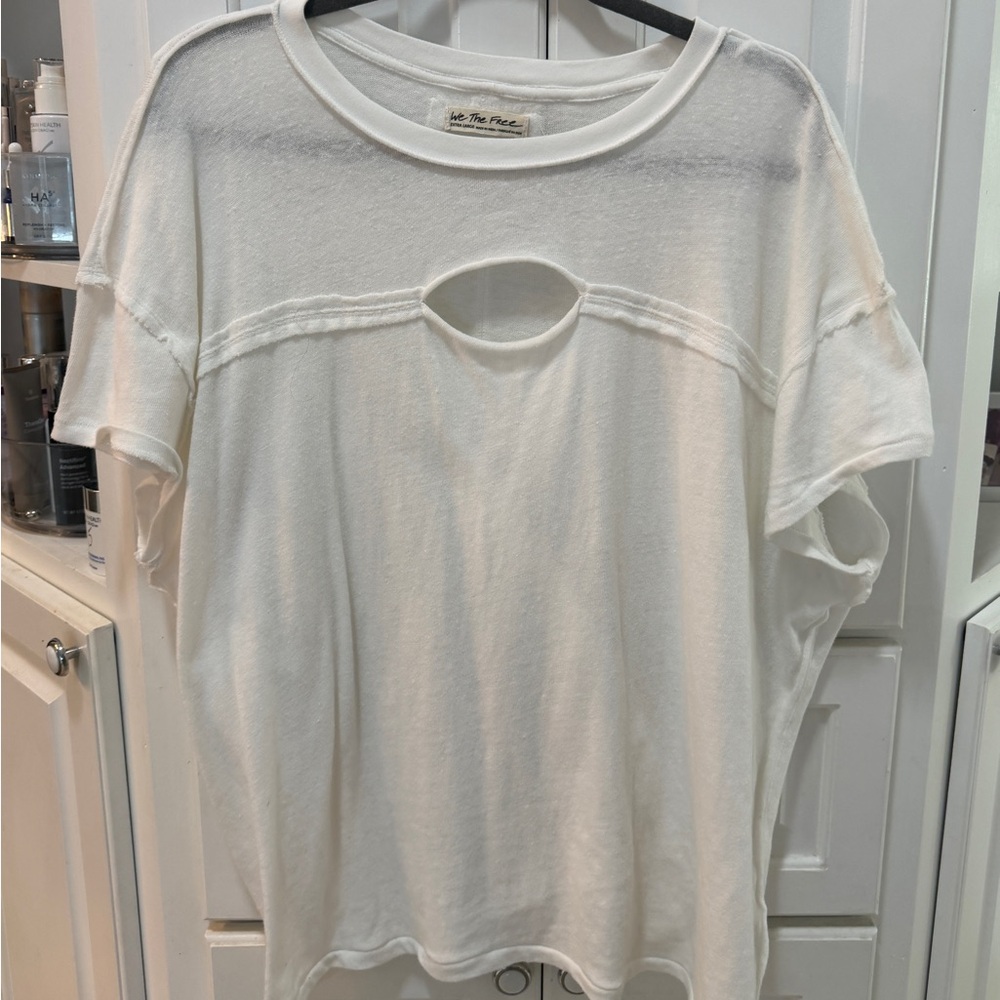 Free People We The Free Cutout Tee XL White Oversized Boho Raw Hem Short Sleeve